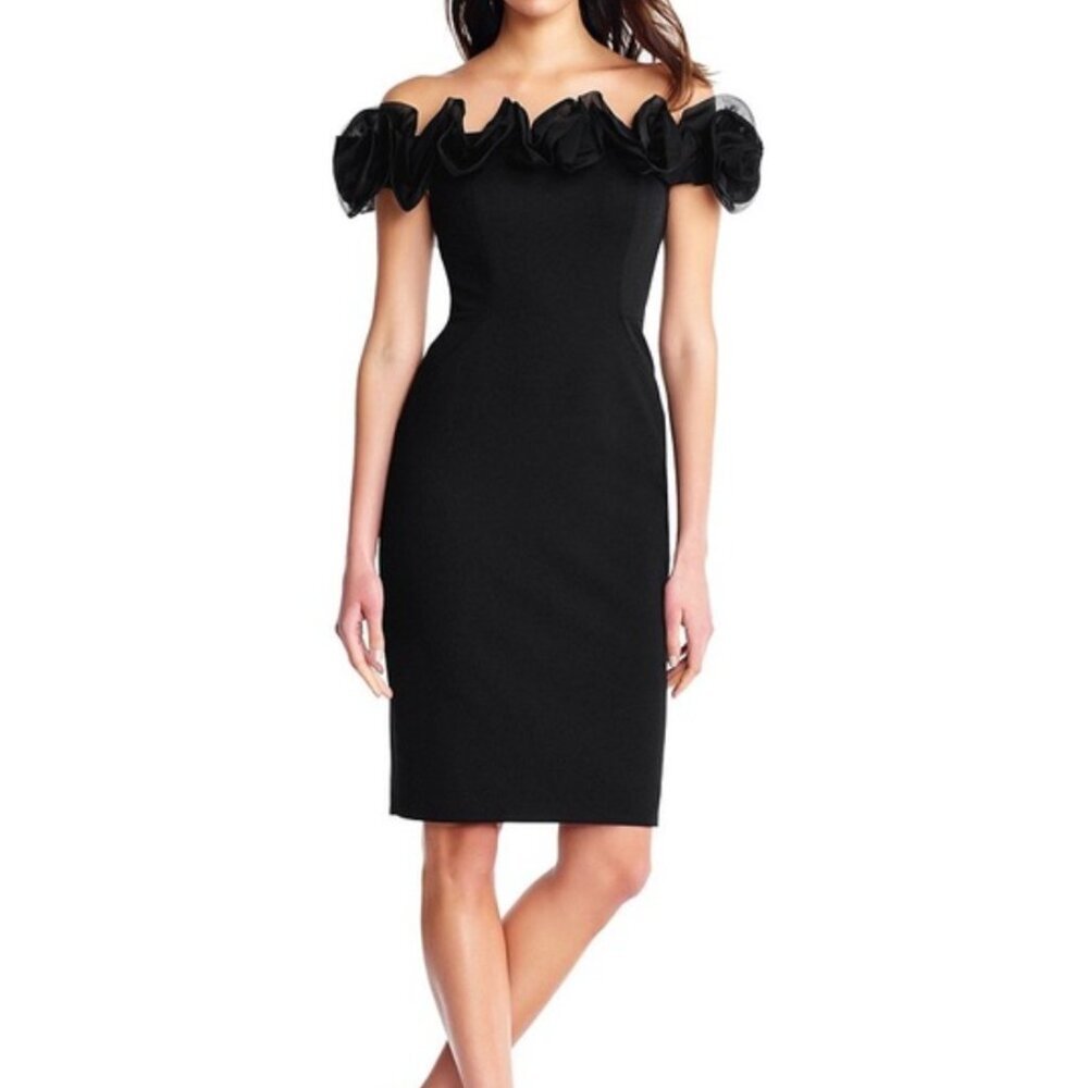 Aidan Mattox Ruffled Off-The-Shoulder Sheath Dress Black Women's Size 6 Silk